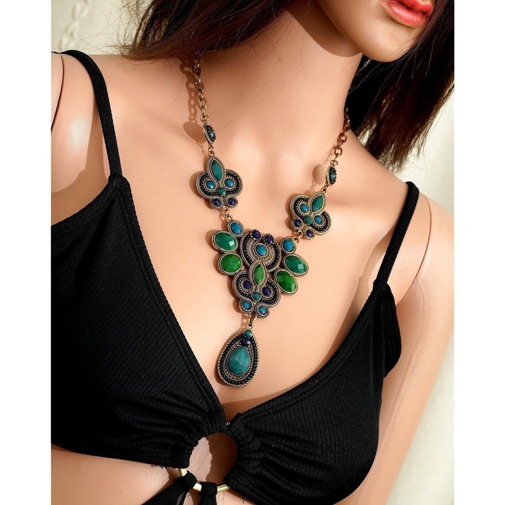 Vintage Style Green Teal Statement‎ Bib Necklace Antique Gold Tone Boho Jewelry